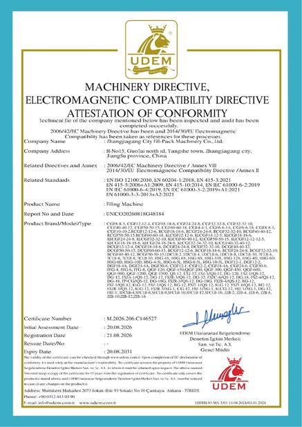ΚΙΝΑ Zhangjiagang City FILL-PACK Machinery Co., Ltd Πιστοποιήσεις