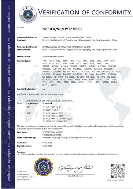 ΚΙΝΑ Zhangjiagang City FILL-PACK Machinery Co., Ltd Πιστοποιήσεις